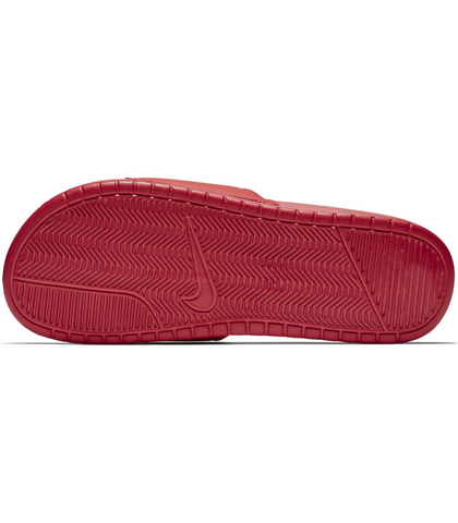 red nike slides with gold check