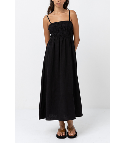 RHYTHM LADIES CLASSIC SHIRRED MIDI DRESS - BLACK