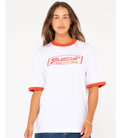 RUSTY LADIES BOARDING PASS OVERSIZE S/S TEE - WHITE