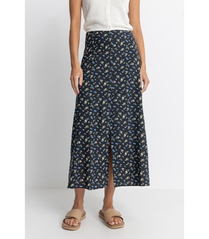 RHYTHM LADIES FLEUR FLORAL BUTTON FRONT MAXI SKIRT - BLACK