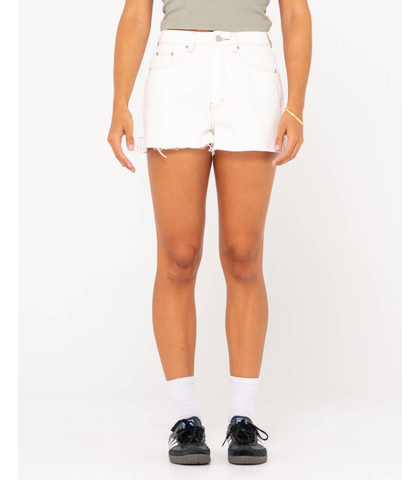 RUSTY LADIES PENNY KICK FLARE DENIM SHORT - WHITE