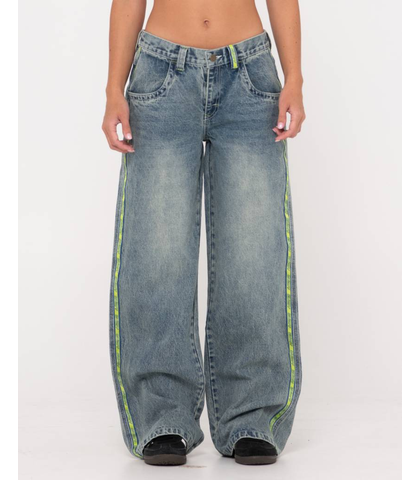 RUSTY LADIES FLIP MOMMY LOW RISE WIDE LEG JEAN - DIRT DAWG / LIME