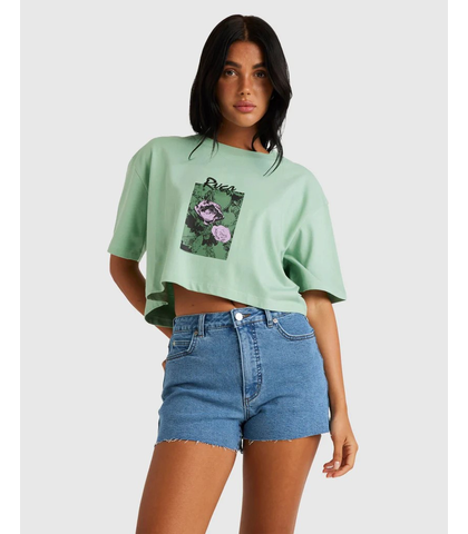 RVCA LADIES PICK OF THE BUNCH HALF CUT TEE - GRANITE GREEN