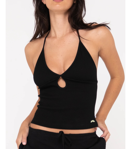 RUSTY LADIES EMMA CUT OUT SKIMMER TANK - BLACK