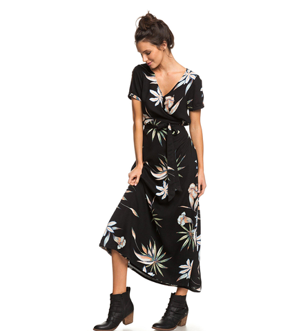 ROXY LADIES LOTUS HEART MAXI DRESS - BLACK DELICATE FLOWERS