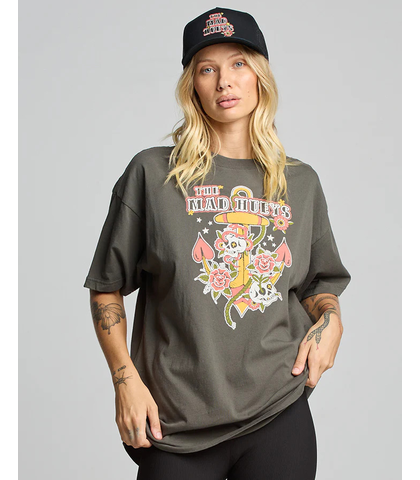 MAD HUEYS LADIES SKULL TATTOO OVERSIZE TEE - CHARCOAL