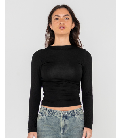 RUSTY LADIES PLAIN JANE RUNCHED LONG SLEEVE TOP - BLACK