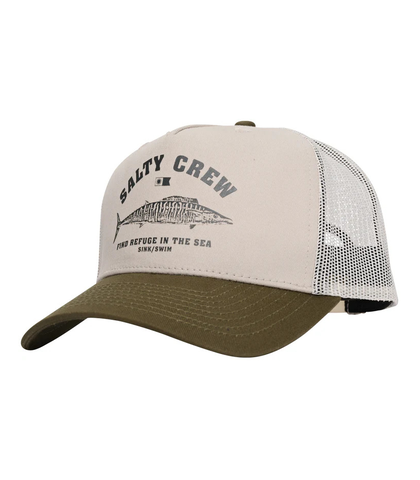 SALTY CREW WAHOO STAMP 5 PANEL TRUCKER CAP - BONE / OLIVE