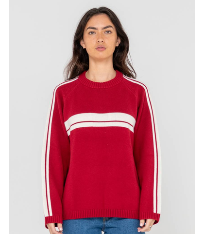 RUSTY LADIES WHITE LINES CREW KNIT - RHUBARB