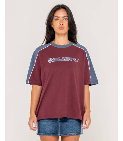 RUSTY LADIES TIMMY TARGET OVERSIZE TEE - CRANBERRY 