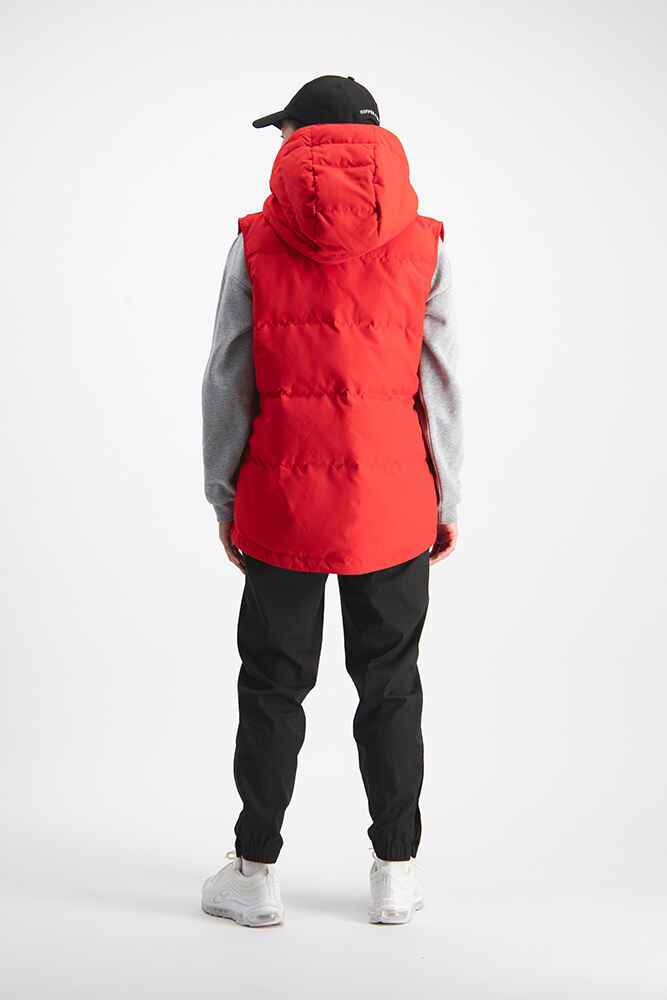 red huffer vest